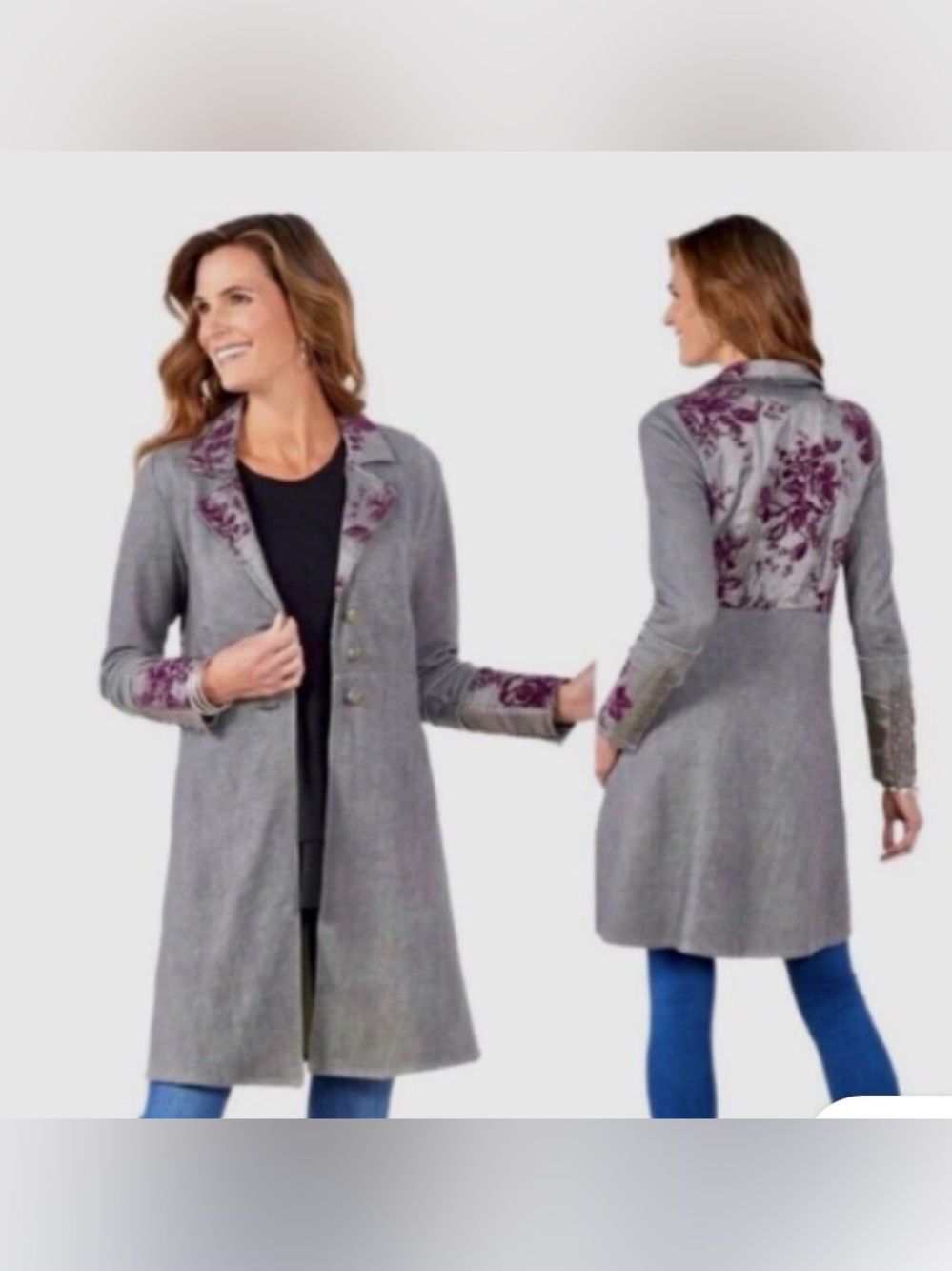 Soft Surroundings Grandeur Grey Size Large Floral Velvet Steampunk Duster Jacket - Picture 2 of 16